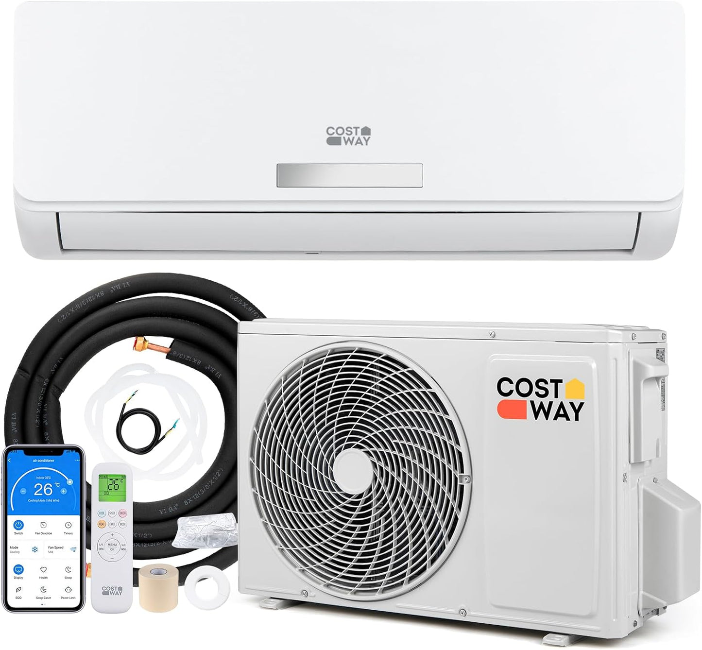COSTWAY Klimaanlage Split 9000 BTU, 3,4kW Inverter Klimagerät leise mit Heizfunktion, WiFi & App & R32 Kältemittel, Klimasplittgeräte inkl. Montagematerial, Air Conditioner