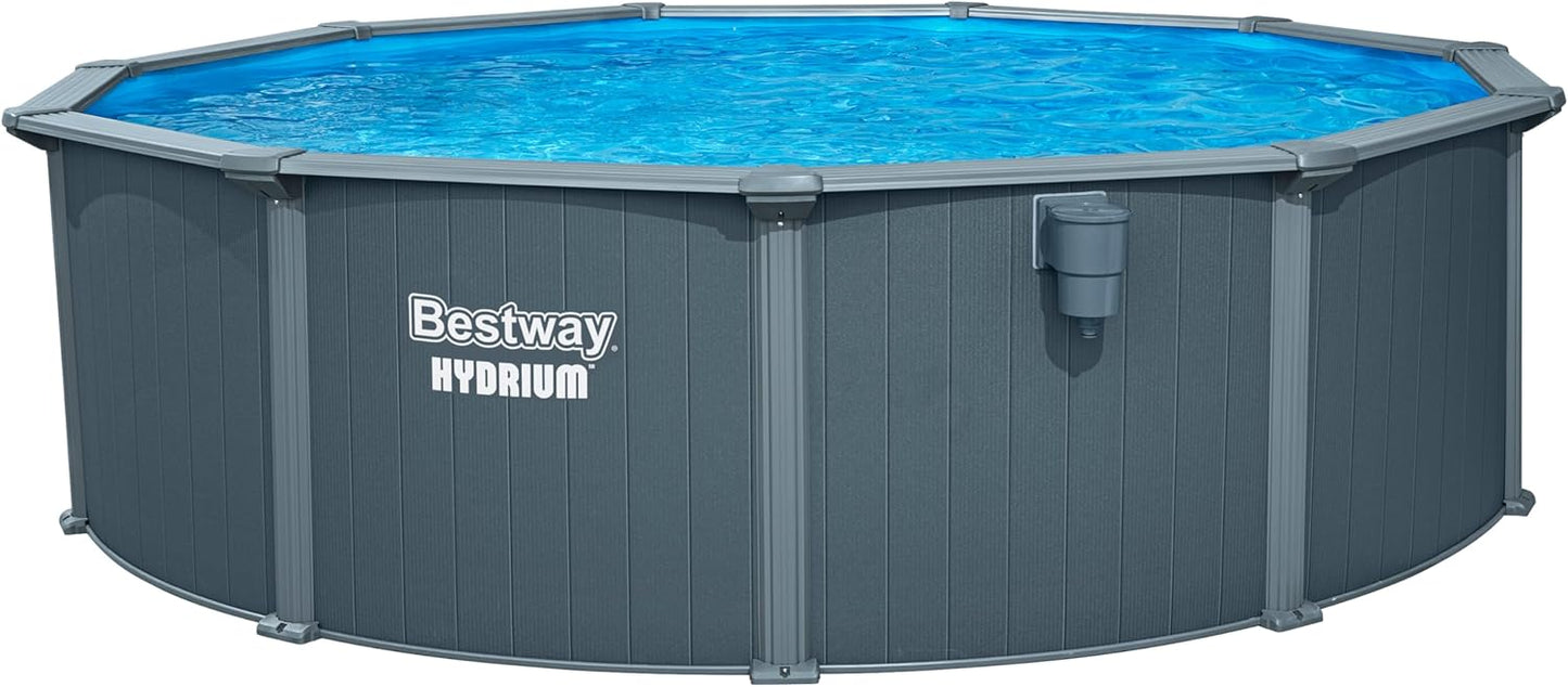 Bestway Hydrium Stahlwandpool Komplett-Set rund 488 x 132 cm Holz-Optik Grau Gartenpool Aufstellpool Sandfilter