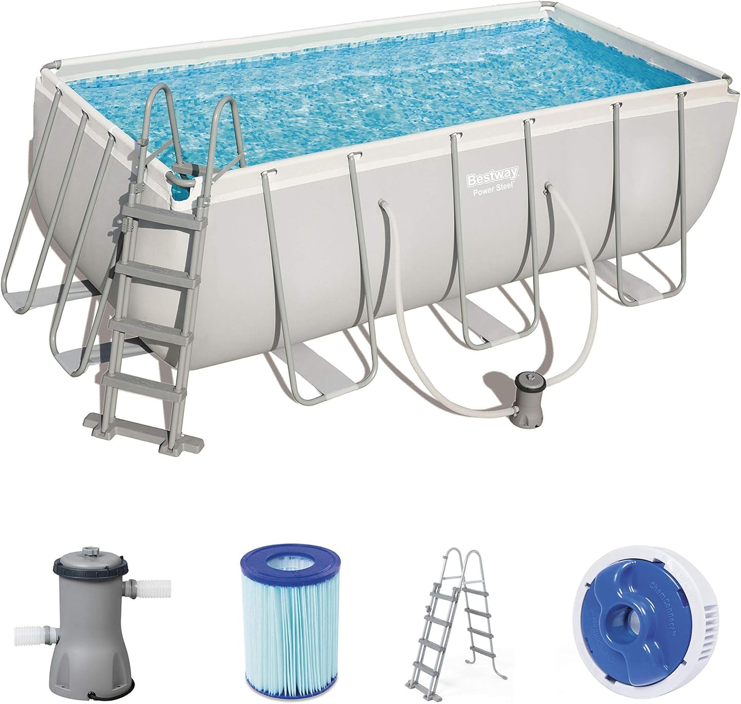 BESTWAY Power Steel Rectangular Pool Set 412x201x122 cm, Stahlrahmenpool-Set mit Filterpumpe und Zubehör