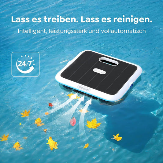 SK02 Solar Pool Skimmer Roboter, Solarbetriebener Poolroboter Akku, Duale Ladeoptionen, Wassertemperatursensor, App-Steuerung, 24/7 Automatischer Skimmer Poolreiniger