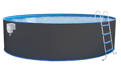 Steinbach Stahlwandpool New Splasher Secure – 011002 – Ø 350 x 90 m – Runder Pool in Weiß und blauer Innenfolie für bis zu 7.800 l Wasserinhalt – Mit Einhänge-Kartuschenfilteranlage und Leiter