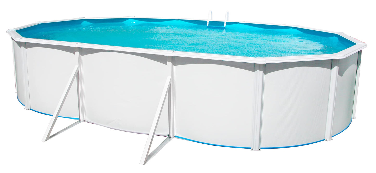 Steinbach Stahlwandpool New Splasher Secure – 011002 – Ø 350 x 90 m – Runder Pool in Weiß und blauer Innenfolie für bis zu 7.800 l Wasserinhalt – Mit Einhänge-Kartuschenfilteranlage und Leiter