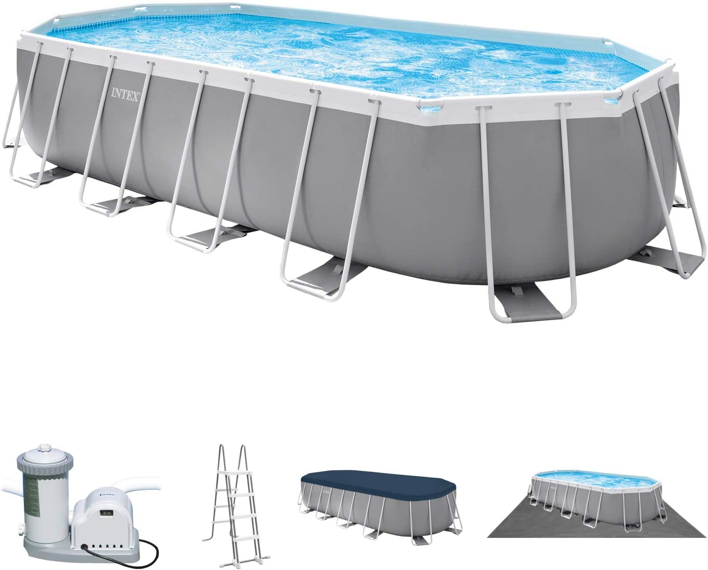 INTEX "Prism Frame" Pool oval Aufstellpool Komplettset (6,1 x 3,05 x 122cm) inkl. 12V Filterpumpe, Leiter, Abdeckplane & Bodenplane, Familienpool Swimmingpool Volumen ca 18.202 l, blau (26798GN)