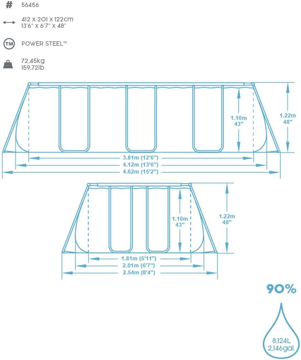 BESTWAY Power Steel Rectangular Pool Set 412x201x122 cm, Stahlrahmenpool-Set mit Filterpumpe und Zubehör