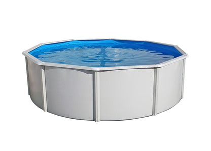Steinbach Stahlwandpool New Splasher Secure – 011002 – Ø 350 x 90 m – Runder Pool in Weiß und blauer Innenfolie für bis zu 7.800 l Wasserinhalt – Mit Einhänge-Kartuschenfilteranlage und Leiter