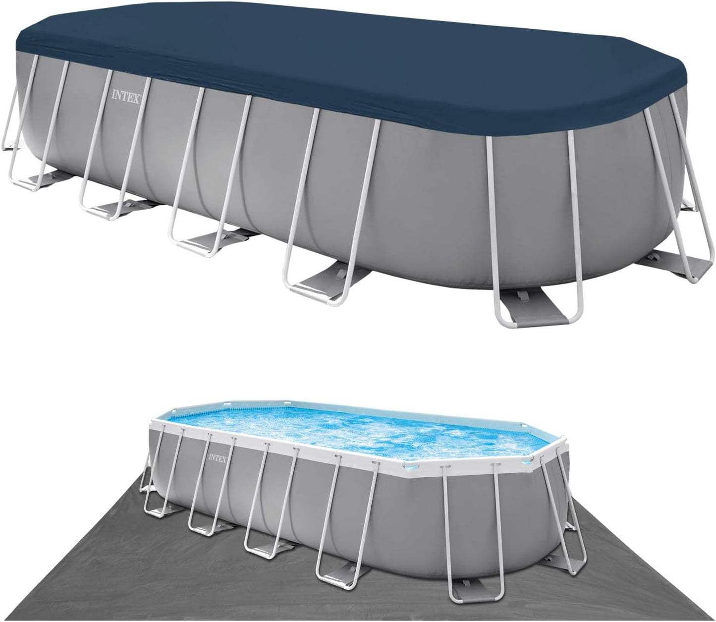 INTEX "Prism Frame" Pool oval Aufstellpool Komplettset (6,1 x 3,05 x 122cm) inkl. 12V Filterpumpe, Leiter, Abdeckplane & Bodenplane, Familienpool Swimmingpool Volumen ca 18.202 l, blau (26798GN)
