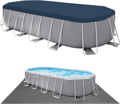 INTEX "Prism Frame" Pool oval Aufstellpool Komplettset (6,1 x 3,05 x 122cm) inkl. 12V Filterpumpe, Leiter, Abdeckplane & Bodenplane, Familienpool Swimmingpool Volumen ca 18.202 l, blau (26798GN)