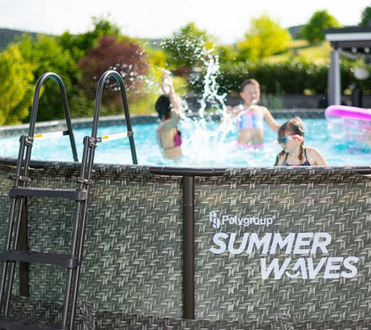 Summer Waves Frame Pool Komplettset | Rund 488x122 cm Rattanoptik Grau | Aufstellpool Set | Gartenpool & Schwimmbecken inkl. Filterpumpe, Einstiegsleiter, Abdeckplane, Bodenvlies & Reinigungsset