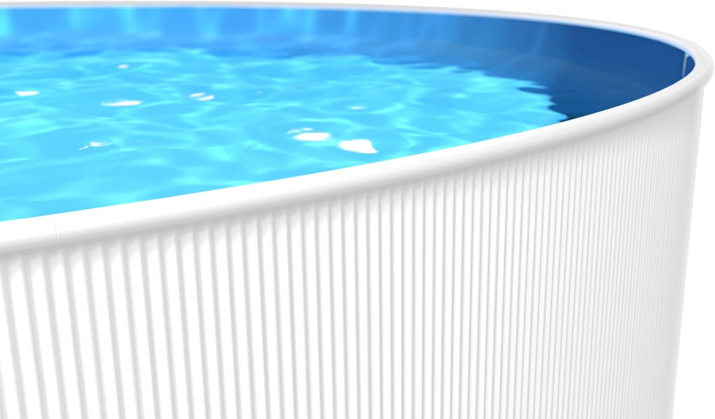Steinbach Stahlwandpool New Splasher Secure – 011002 – Ø 350 x 90 m – Runder Pool in Weiß und blauer Innenfolie für bis zu 7.800 l Wasserinhalt – Mit Einhänge-Kartuschenfilteranlage und Leiter