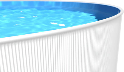 Steinbach Stahlwandpool New Splasher Secure – 011002 – Ø 350 x 90 m – Runder Pool in Weiß und blauer Innenfolie für bis zu 7.800 l Wasserinhalt – Mit Einhänge-Kartuschenfilteranlage und Leiter