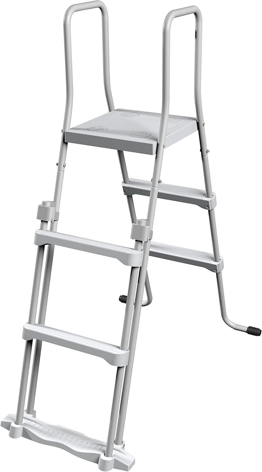 Steinbach Stahlwandpool New Splasher Secure – 011002 – Ø 350 x 90 m – Runder Pool in Weiß und blauer Innenfolie für bis zu 7.800 l Wasserinhalt – Mit Einhänge-Kartuschenfilteranlage und Leiter