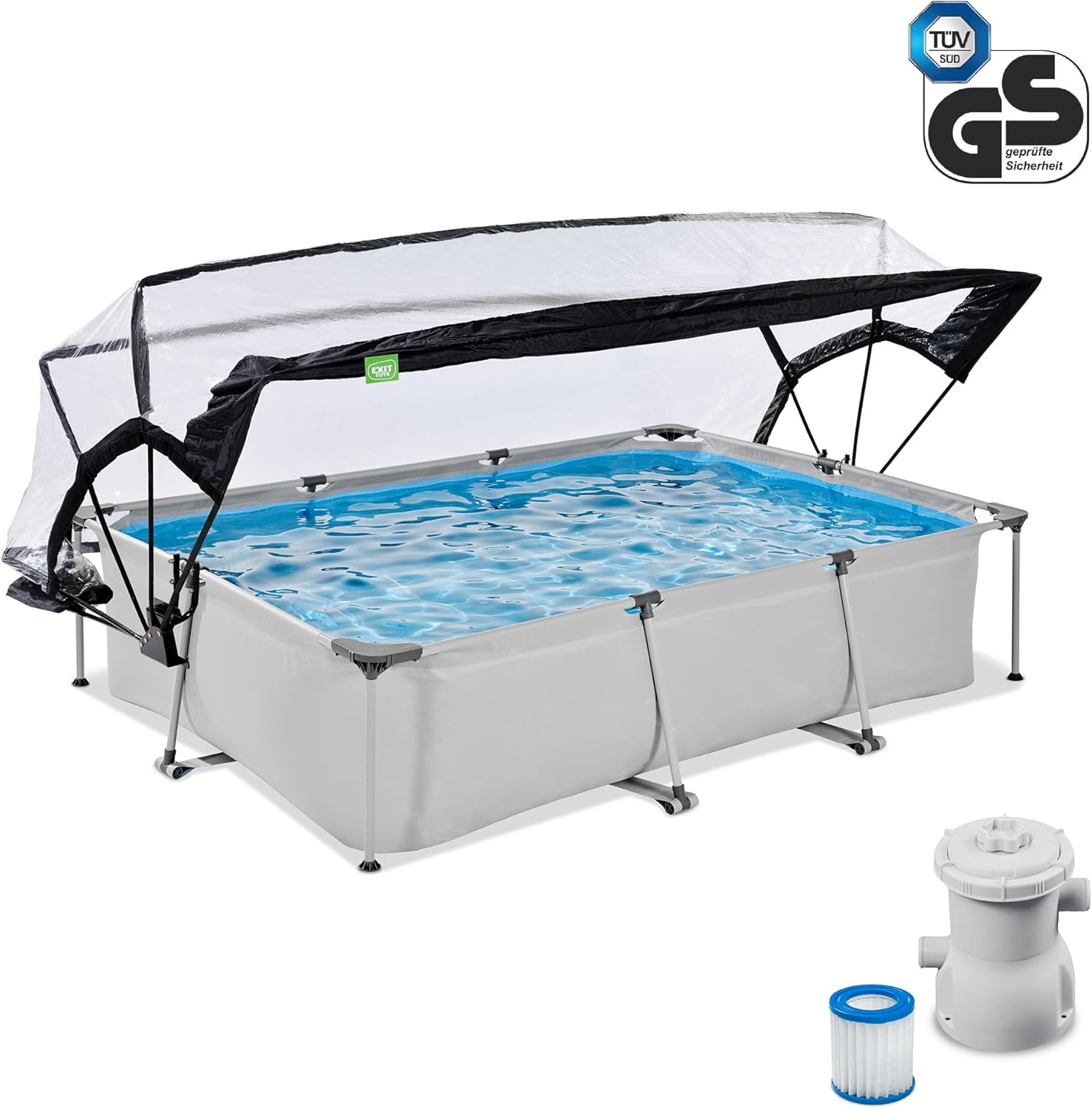 EXIT Toys Soft Grey Pool mit Multifunktionale Abdeckung - 300x200x65cm - Rechteckiger, Kompakter Rahmenpool mit Kartuschenfilterpumpe - Leicht Zugänglich - Für Sauberes und Warmes Poolwasser - Grau