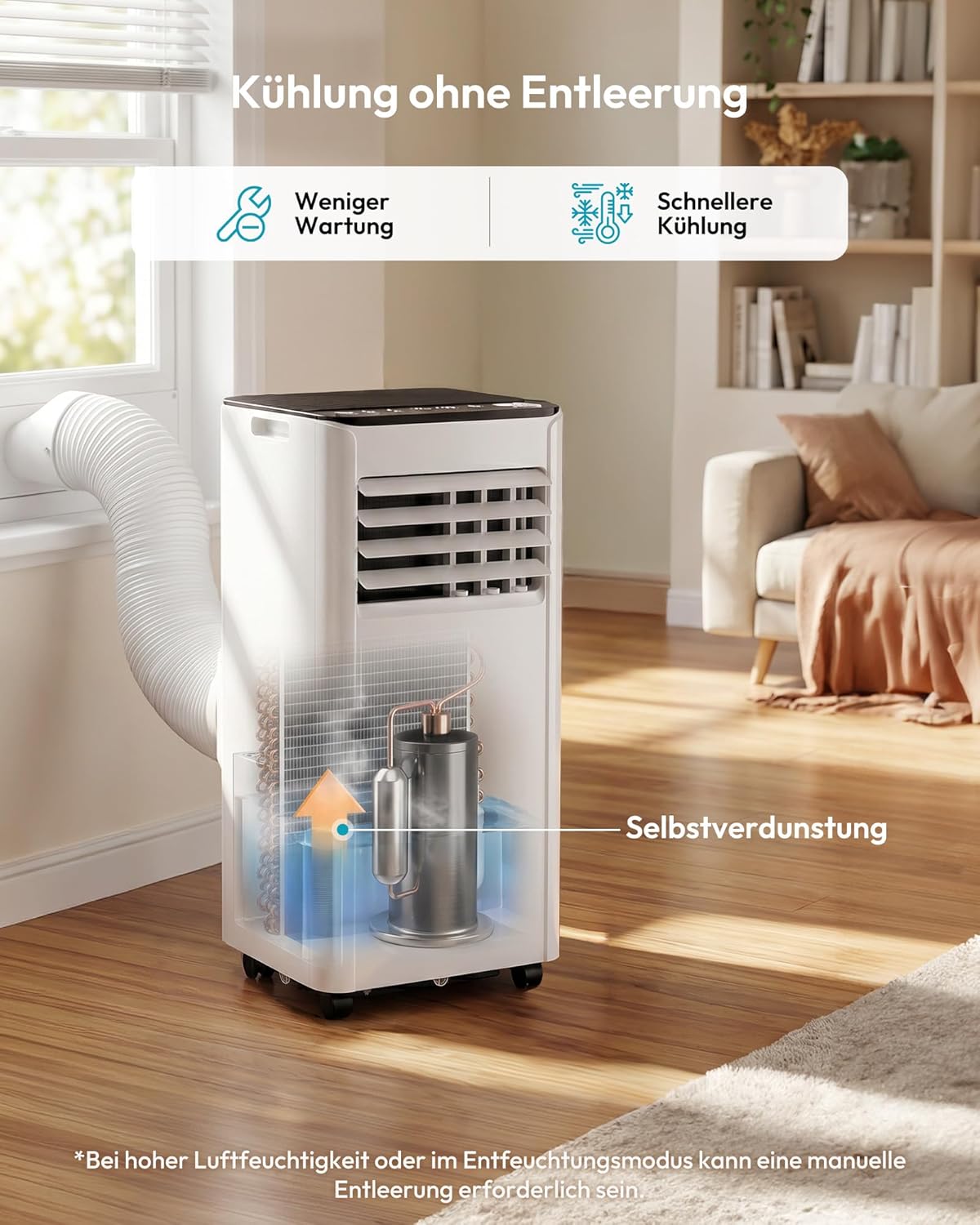 Mobile Klimaanlage 9000 BTU mit Abluftschlauch | 4-in-1 Mobiles Klimagerät | Leiser Betrieb <48 dB | Digitaldisplay + Fernbedienung | Fenster-Installationsset | 24h-Timer | Für Räume bis 25 m²