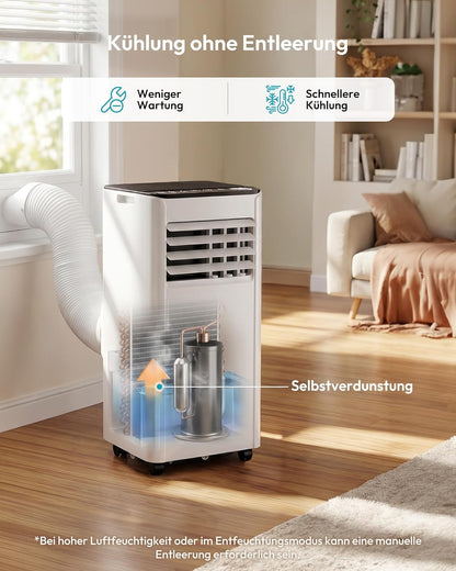 Mobile Klimaanlage 9000 BTU mit Abluftschlauch | 4-in-1 Mobiles Klimagerät | Leiser Betrieb <48 dB | Digitaldisplay + Fernbedienung | Fenster-Installationsset | 24h-Timer | Für Räume bis 25 m²