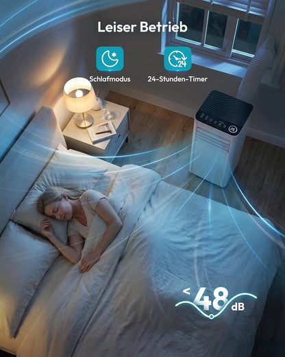 Mobile Klimaanlage 9000 BTU mit Abluftschlauch | 4-in-1 Mobiles Klimagerät | Leiser Betrieb <48 dB | Digitaldisplay + Fernbedienung | Fenster-Installationsset | 24h-Timer | Für Räume bis 25 m²