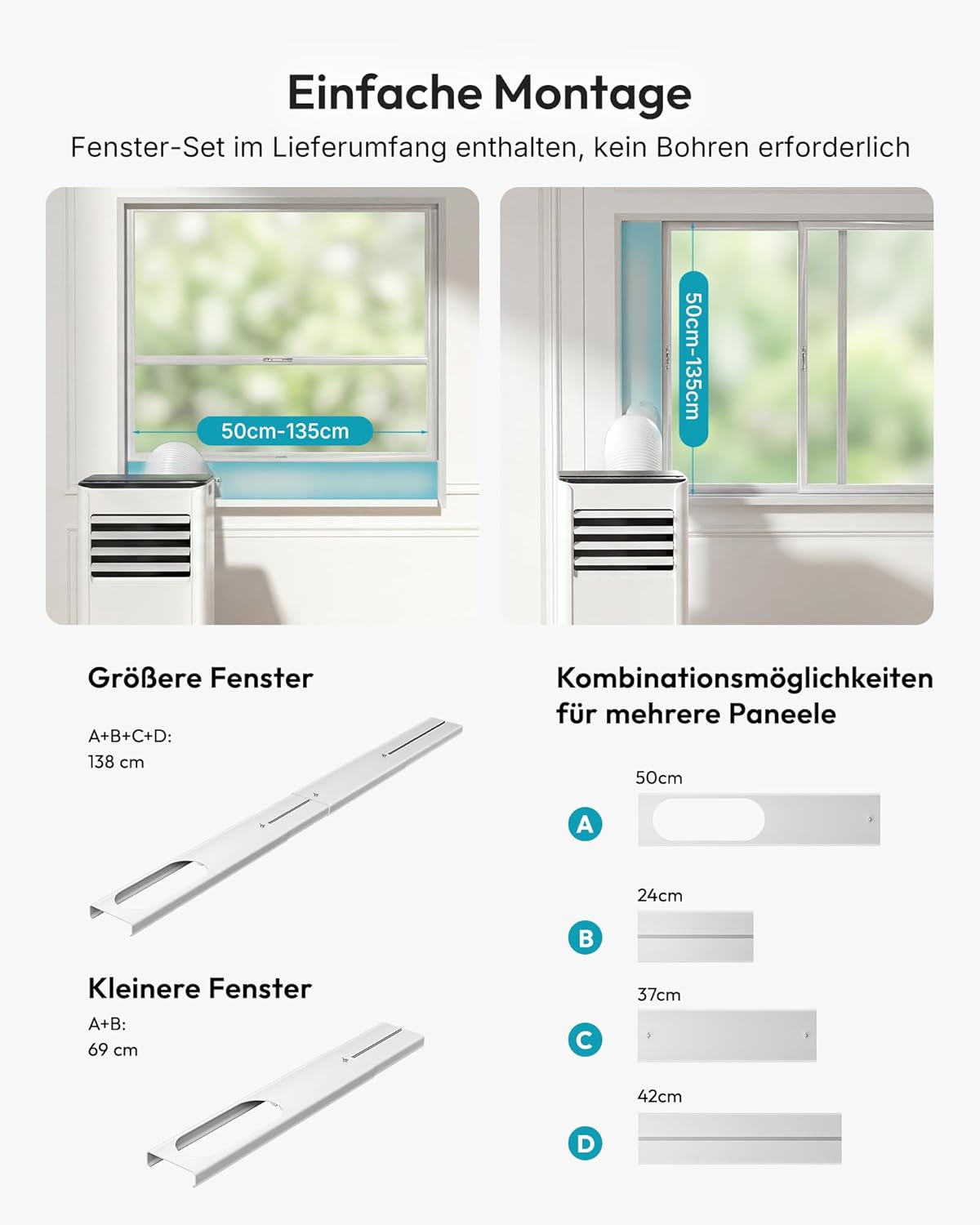 Mobile Klimaanlage 9000 BTU mit Abluftschlauch | 4-in-1 Mobiles Klimagerät | Leiser Betrieb <48 dB | Digitaldisplay + Fernbedienung | Fenster-Installationsset | 24h-Timer | Für Räume bis 25 m²