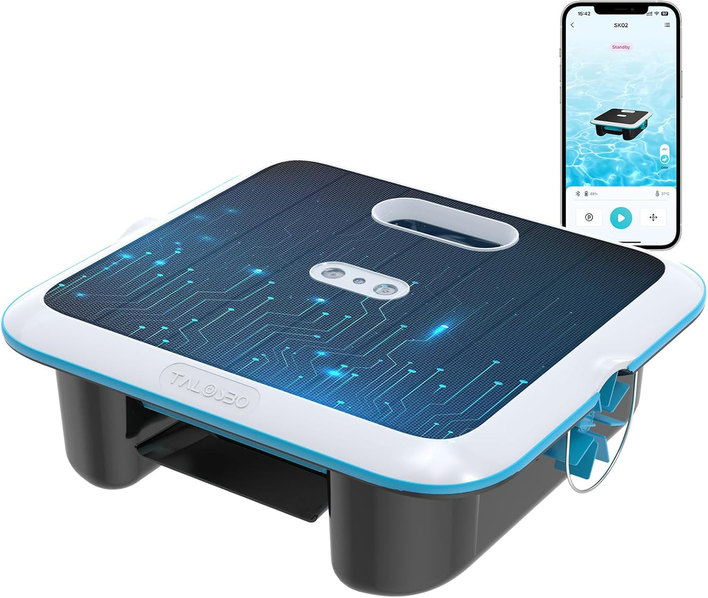 SK02 Solar Pool Skimmer Roboter, Solarbetriebener Poolroboter Akku, Duale Ladeoptionen, Wassertemperatursensor, App-Steuerung, 24/7 Automatischer Skimmer Poolreiniger
