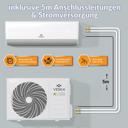 Klimaanlage Set Split - mit WiFi/App Funktion Klimagerät - Kühlen A++/ Heizen A+ 12000 BTU/h (3.500 Watt) Kältemittel R32 - Fernbedienung, Timerfunktion - inkl. Montagematerial (VSK-12000BTU)