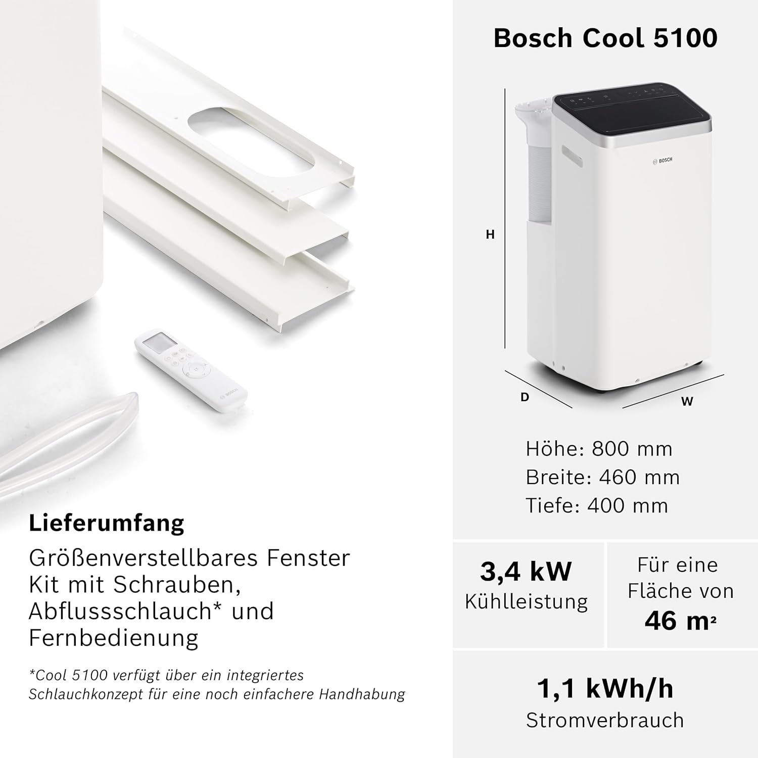 Bosch Cool 5100 Mobiles Klimagerät - 3-in-1 Klimaanlage, Luftentfeuchter, Ventilator - 3,4 kW für Räume bis zu 46 m² - Mit Auto-Modus, Silent-Modus & Sleep-Modus