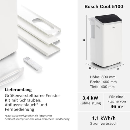 Bosch Cool 5100 Mobiles Klimagerät - 3-in-1 Klimaanlage, Luftentfeuchter, Ventilator - 3,4 kW für Räume bis zu 46 m² - Mit Auto-Modus, Silent-Modus & Sleep-Modus