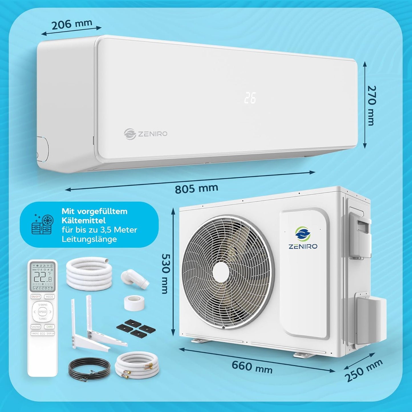 Split Klimaanlage Klimagerät Set Air Conditioner mit Heizfunktion 12000 BTU 3,5kW A++ WiFi/App-Steuerung 4D AirFlow Auto Reinigung inkl. Montagematerial Vorgefüllt R32