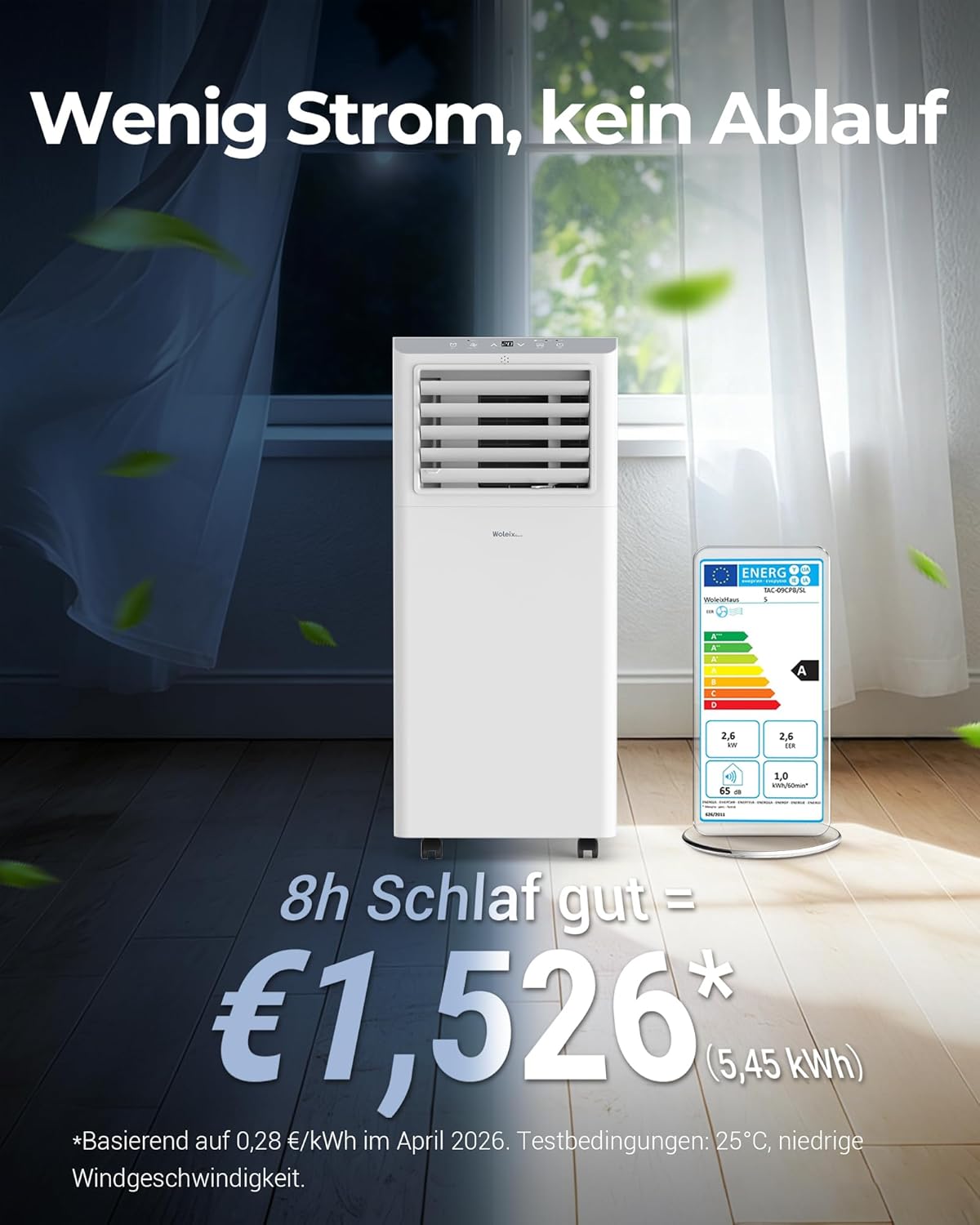 Mobile Klimaanlage 9000 BTU, Klimaanlage Mobil mit Abluftschlauch, Mobiles Klimagerät leise 55dB, mit Timer