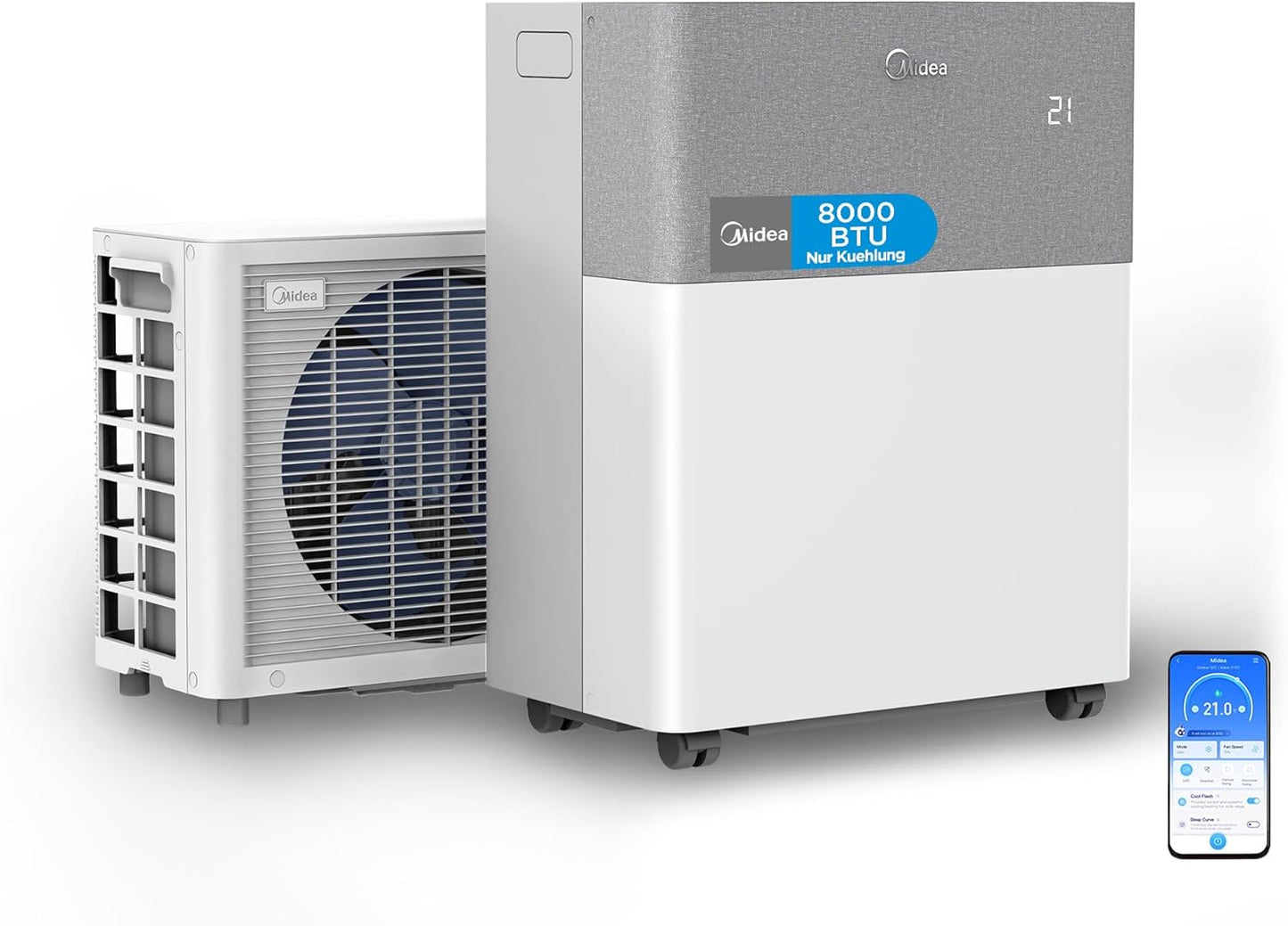 Midea Portasplit Cool Mobile Klimaanlage, nur Kühlung, A++, 8000 BTU 2, 3kW, für Räume bis zu 28 m² / 70 m³, nur 38 dB(A) im Silent-Modus