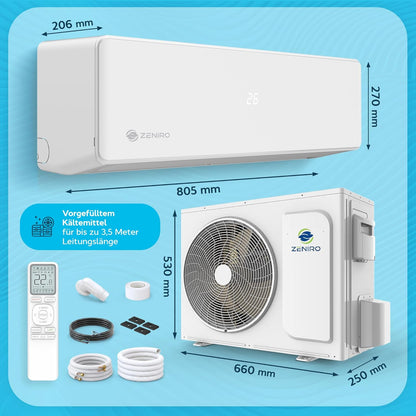 Klimaanlage Set Split - mit WiFi/App Funktion Klimagerät Kühlen A++/ Heizen A+ 3,5kW 12000 BTU Sehr Leise, Kältemittel R32 - Fernbedienung, Timerfunktion - Inkl. Montagematerial
