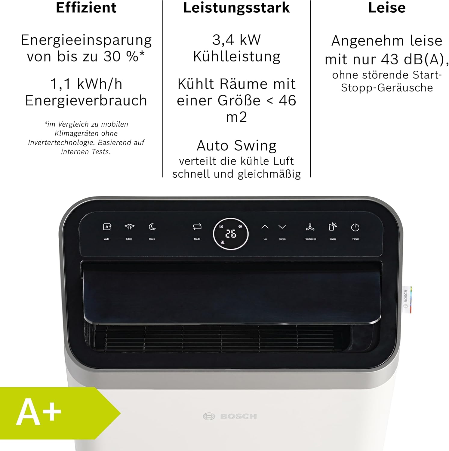 Bosch Cool 5100 Mobiles Klimagerät - 3-in-1 Klimaanlage, Luftentfeuchter, Ventilator - 3,4 kW für Räume bis zu 46 m² - Mit Auto-Modus, Silent-Modus & Sleep-Modus