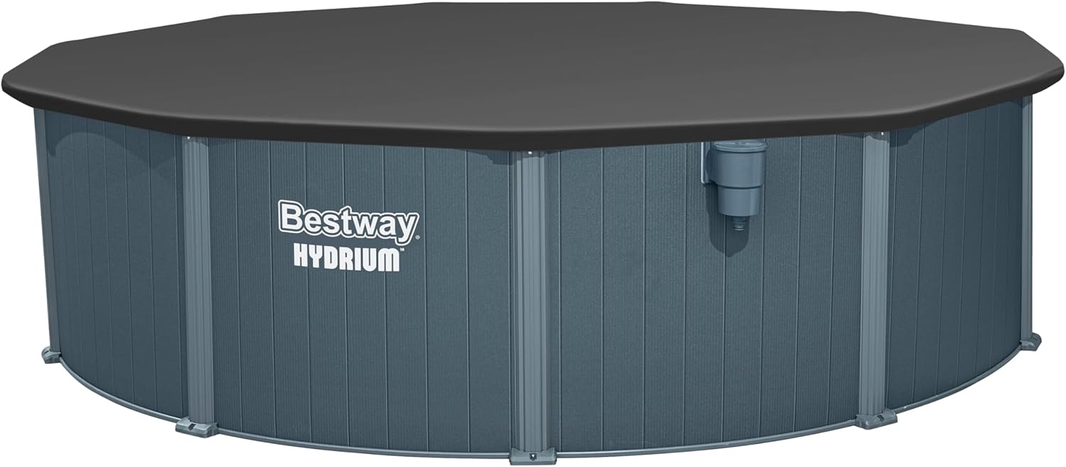 Bestway Hydrium Stahlwandpool Komplett-Set rund 488 x 132 cm Holz-Optik Grau Gartenpool Aufstellpool Sandfilter