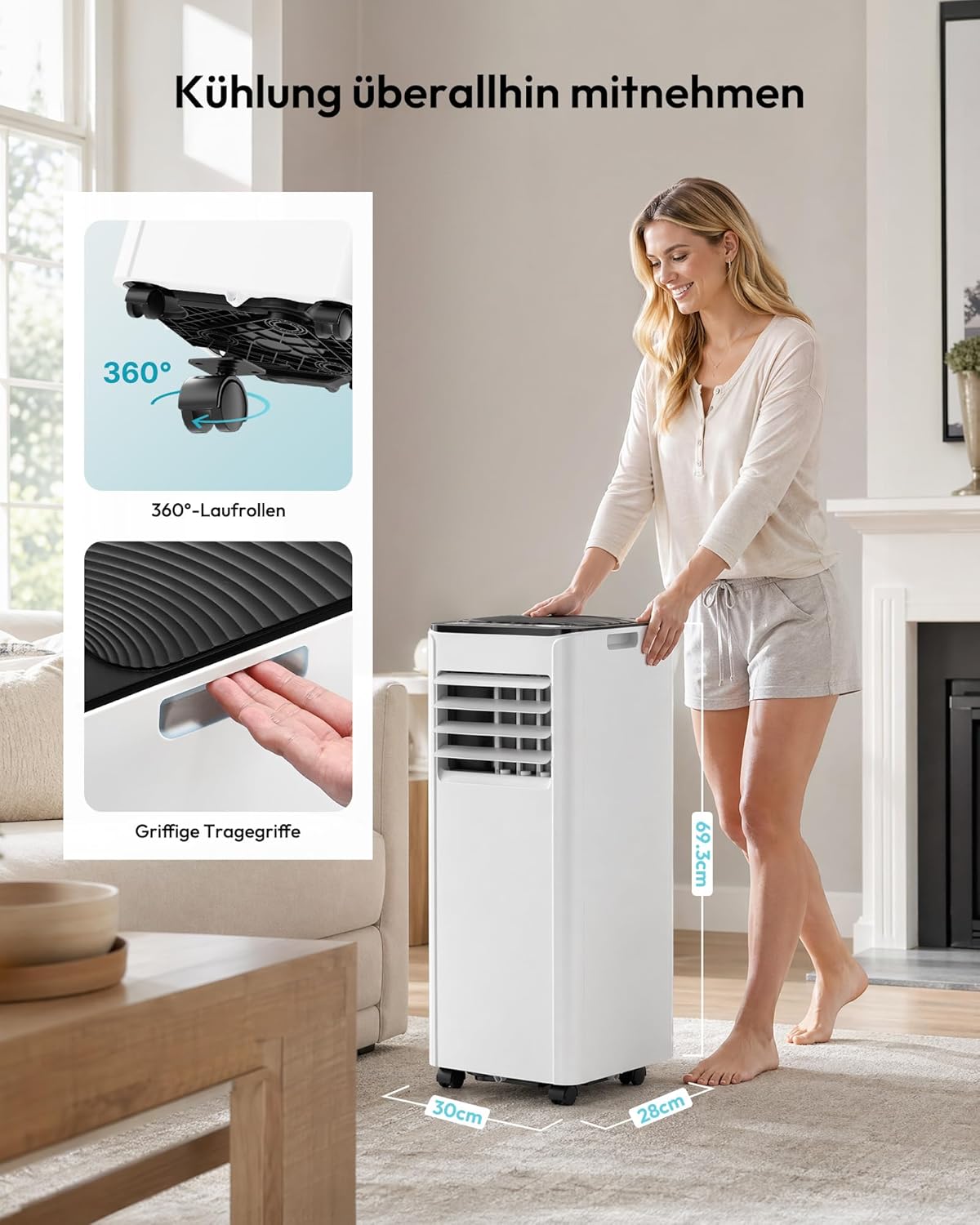 Mobile Klimaanlage 9000 BTU mit Abluftschlauch | 4-in-1 Mobiles Klimagerät | Leiser Betrieb <48 dB | Digitaldisplay + Fernbedienung | Fenster-Installationsset | 24h-Timer | Für Räume bis 25 m²