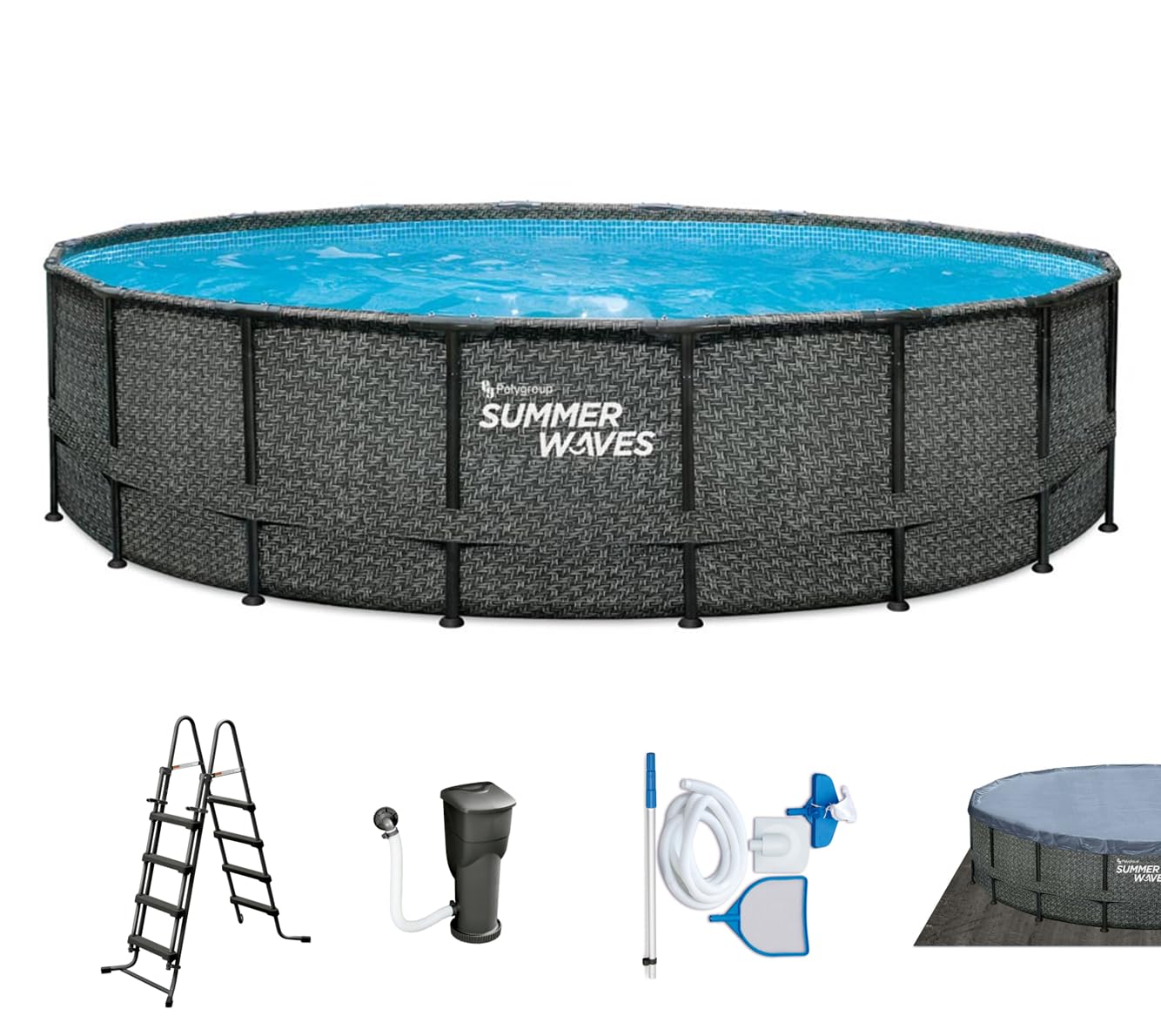 Summer Waves Frame Pool Komplettset | Rund 488x122 cm Rattanoptik Grau | Aufstellpool Set | Gartenpool & Schwimmbecken inkl. Filterpumpe, Einstiegsleiter, Abdeckplane, Bodenvlies & Reinigungsset