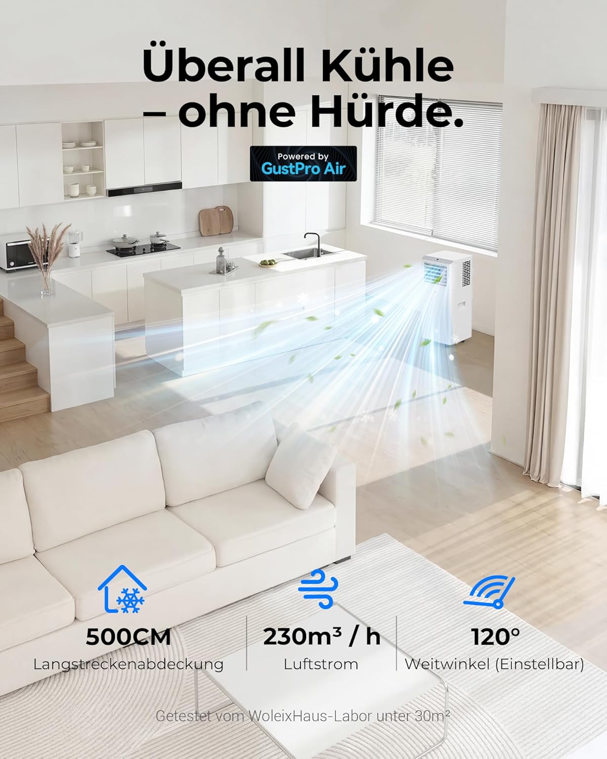 Mobile Klimaanlage 9000 BTU, Klimaanlage Mobil mit Abluftschlauch, Mobiles Klimagerät leise 55dB, mit Timer