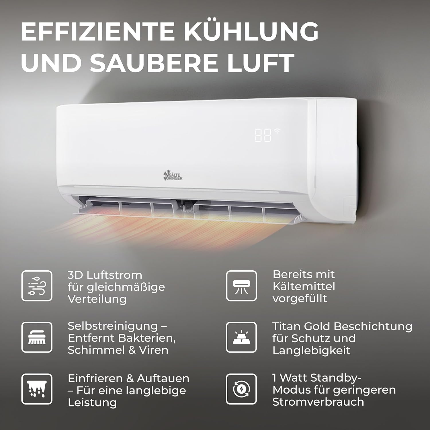 Kältebringer R290 Split Klimaanlage - 12000 BTU - 3,4 kW - Propan Klimagerät mit Heizfunktion, WiFi & App, bis 55qm, sehr leise - 5m Kupferleitung, Kältemittel R290, Montagematerial, Wandhalterung