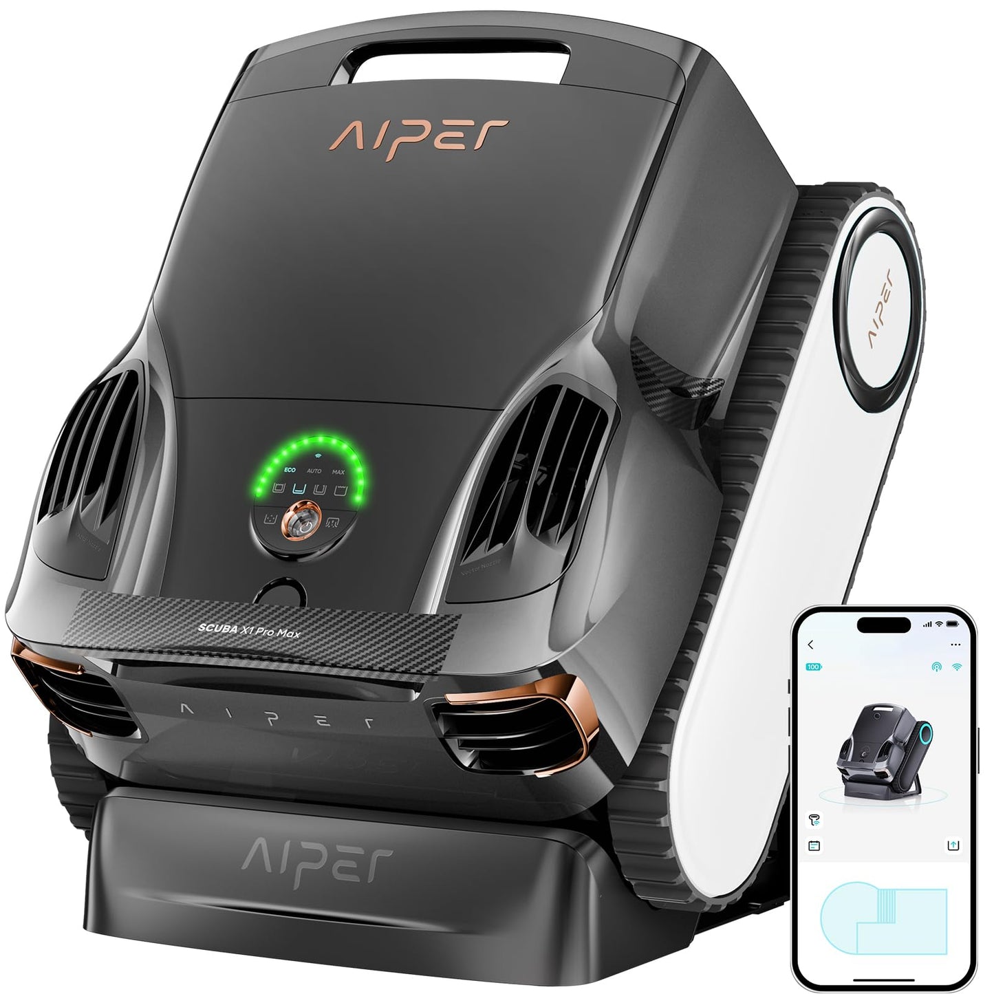 AIPER Scuba X1 Pro Max Poolroboter Boden und Wand, Poolsauger & Skimmer, 32,000 LPH Saugkraft, Pool-Mapping, Smart Surface Parking, Poolroboter für Alle Eingebauten Pools 300㎡,Schwarz