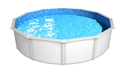 Steinbach Stahlwandpool New Splasher Secure – 011002 – Ø 350 x 90 m – Runder Pool in Weiß und blauer Innenfolie für bis zu 7.800 l Wasserinhalt – Mit Einhänge-Kartuschenfilteranlage und Leiter