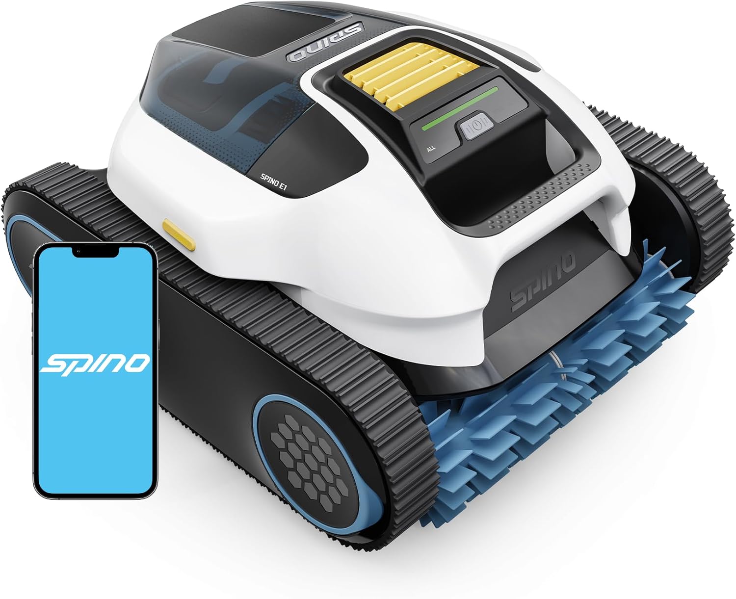 Spino E1 Poolroboter Akku Boden und Wand, 210 Min Kabellos Poolsauger, Max 21950 LPH, Poolreiniger mit 5 Reinigungsmodi, Auto Wasserlinien Parkfunktion, Weiß-Gelb