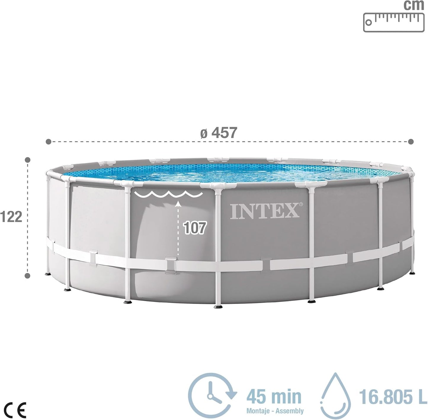Intex 26726NP – Aufstellpool Prism Frame Rund, Filterpumpe 3785 L/h, Leiter, Bodenplane und Abdeckplane, 16805 L, Stahl und PVC, Grau, 457x122 cm