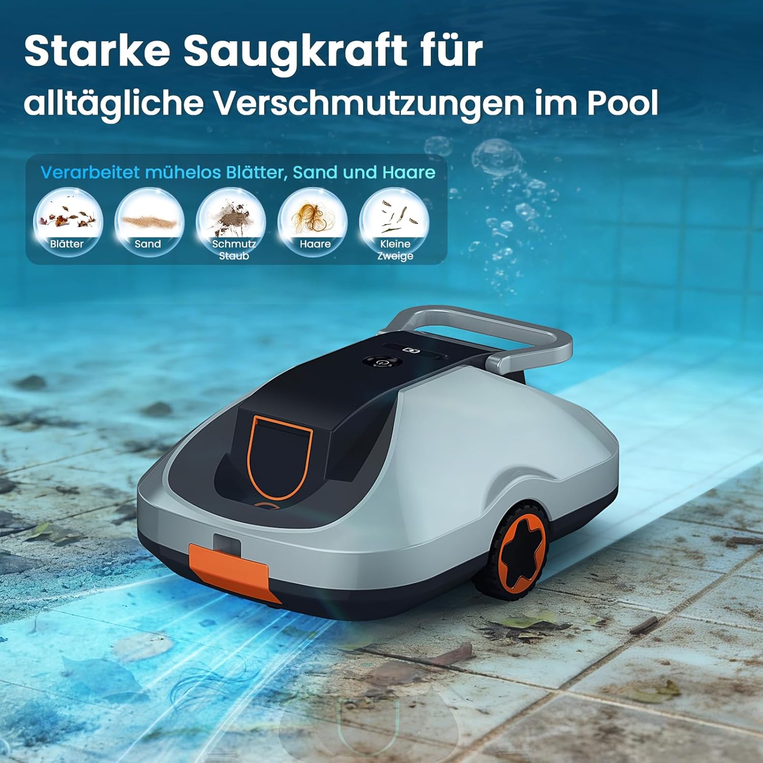 Poolroboter Akku, kabelloser Pool-Saugroboter, 200Min Laufzeit, Intelligente Navigation, Selbsteinparkfunktion und ultrafeine Filterung, kompakt und tragbar Poolreiniger ohne kabel für Pools 232m²