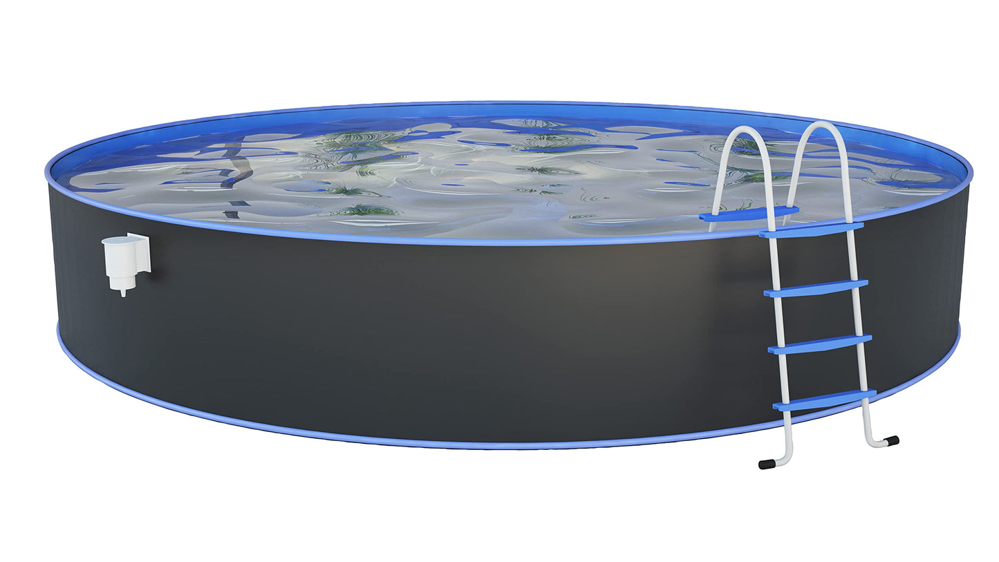 Steinbach Stahlwandpool New Splasher Secure – 011002 – Ø 350 x 90 m – Runder Pool in Weiß und blauer Innenfolie für bis zu 7.800 l Wasserinhalt – Mit Einhänge-Kartuschenfilteranlage und Leiter