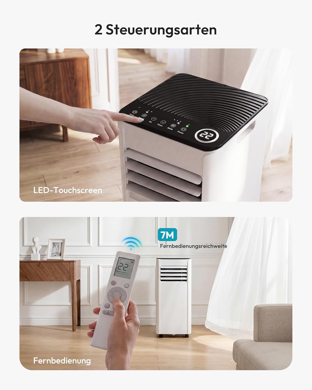 Mobile Klimaanlage 9000 BTU mit Abluftschlauch | 4-in-1 Mobiles Klimagerät | Leiser Betrieb <48 dB | Digitaldisplay + Fernbedienung | Fenster-Installationsset | 24h-Timer | Für Räume bis 25 m²
