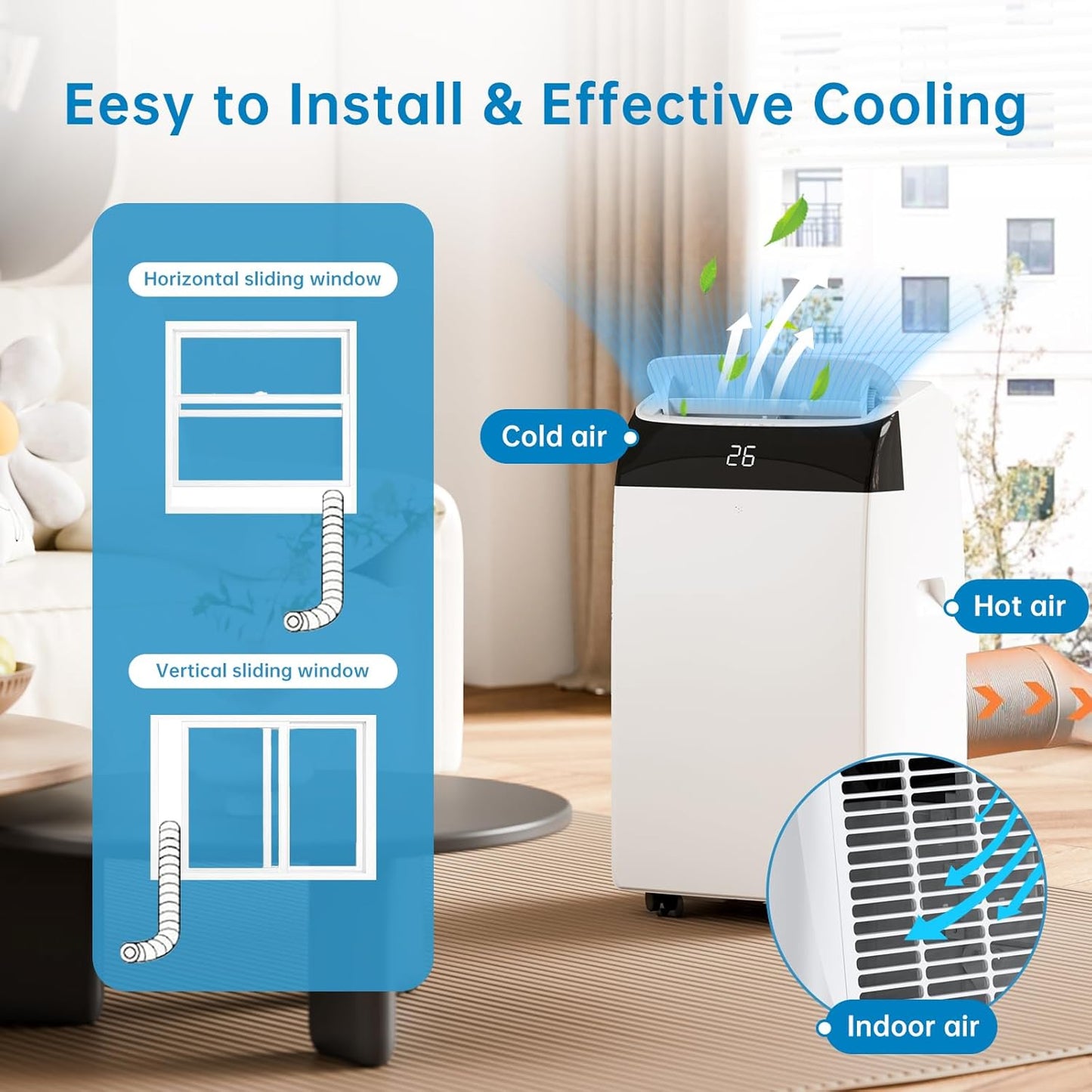 Leises 4-in-1 Mobiles Klimagerät 12000 BTU | Kühlen/Ventilieren/Entfeuchten/Follow-Me | Für Räume Bis 43–51㎡ Abluftschlauch+Digitaldisplay+Fernbedienung+24h-Timer