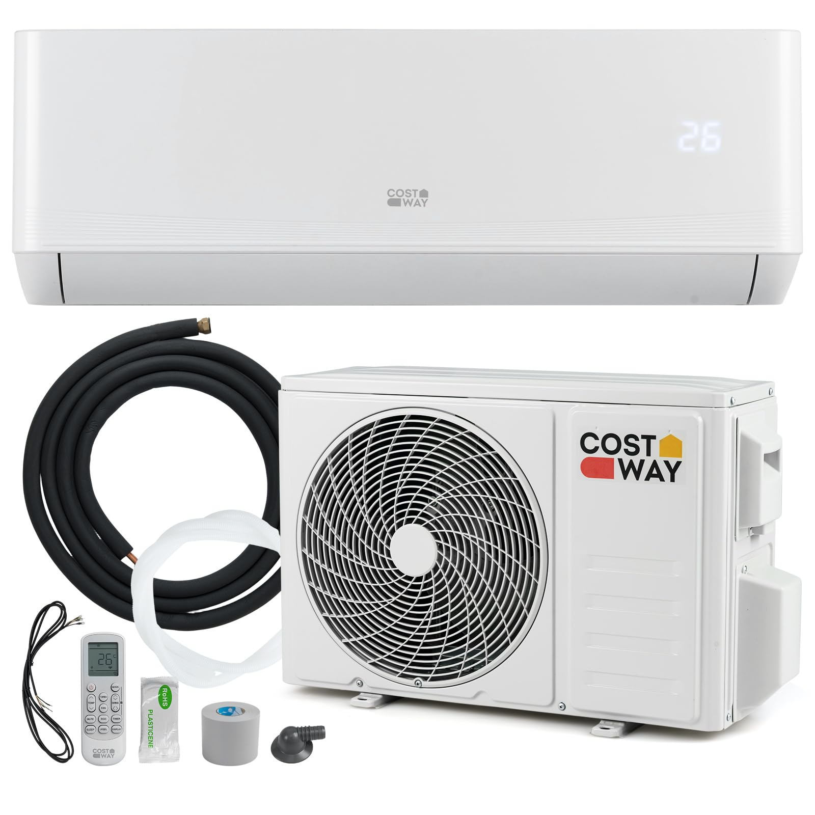 COSTWAY Klimaanlage Split 9000 BTU, 3,4kW Inverter Klimagerät leise mit Heizfunktion, WiFi & App & R32 Kältemittel, Klimasplittgeräte inkl. Montagematerial, Air Conditioner