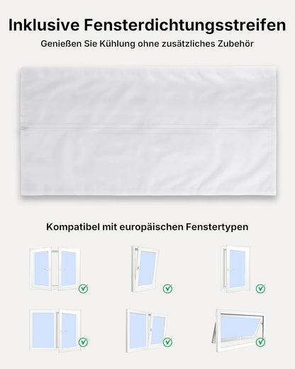 Mobile Klimaanlage 9000BTU 2,6Kw mit Abluftschlauch | 3-in-1 Mobiles Klimagerät | Fensterabdichtung | APP-Steuerung + Fernbedienung | Leiser Betrieb | 24h-Timer | Für Räume bis 25m²