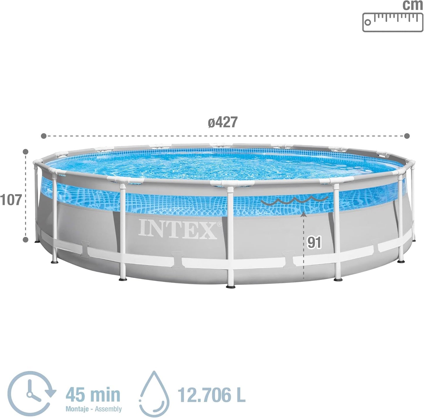Intex 26722NP – Aufstellpool Prism Frame Clearview Rund, Filterpumpe 3785 L/h, Leiter, Bodenplane und Abdeckplane, 12706 L, Stahl und PVC, Grau, 427x107 cm