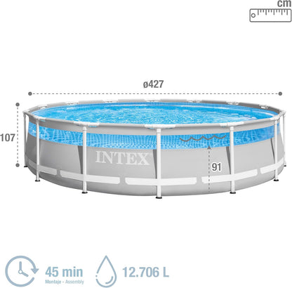 Intex 26722NP – Aufstellpool Prism Frame Clearview Rund, Filterpumpe 3785 L/h, Leiter, Bodenplane und Abdeckplane, 12706 L, Stahl und PVC, Grau, 427x107 cm