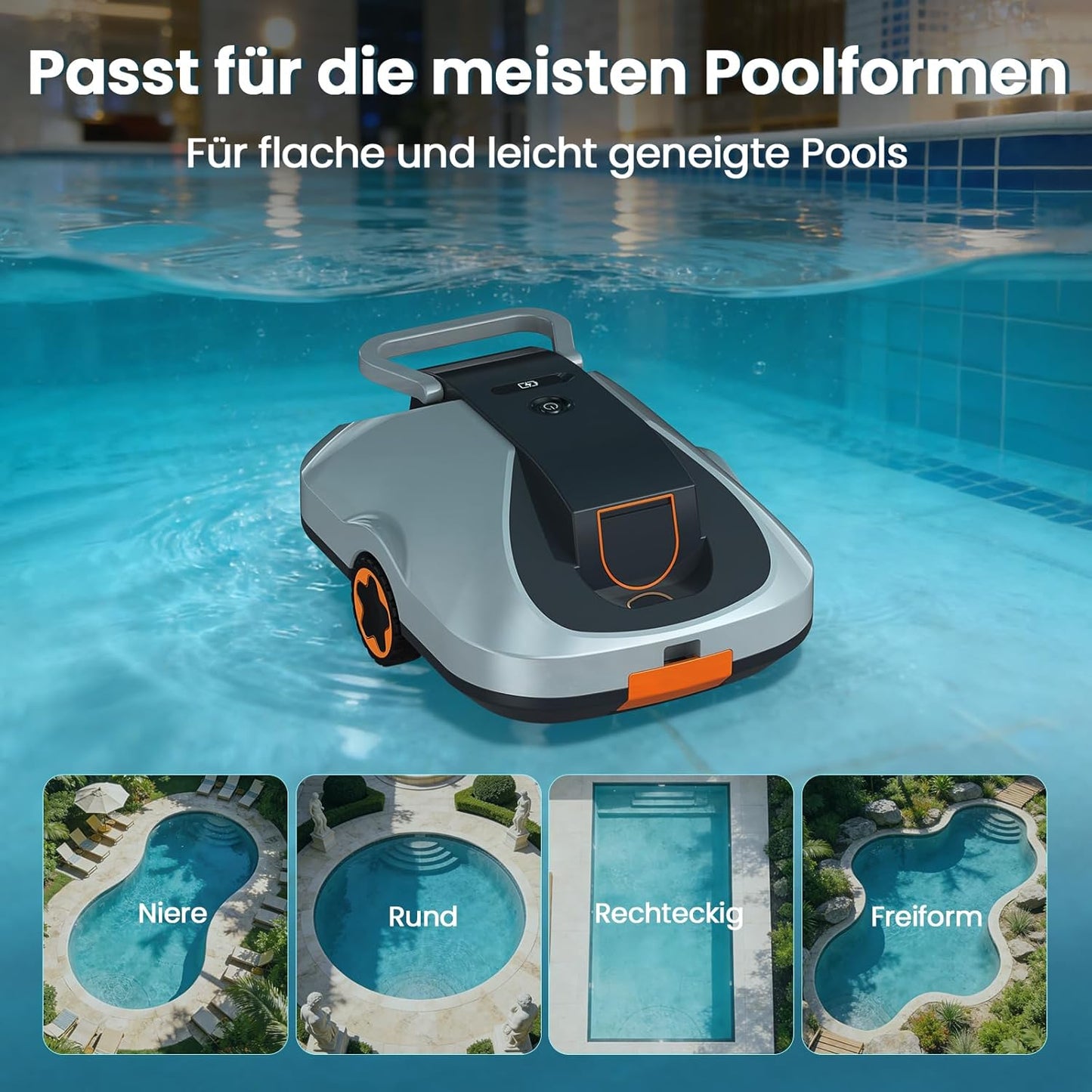 Poolroboter Akku, kabelloser Pool-Saugroboter, 200Min Laufzeit, Intelligente Navigation, Selbsteinparkfunktion und ultrafeine Filterung, kompakt und tragbar Poolreiniger ohne kabel für Pools 232m²