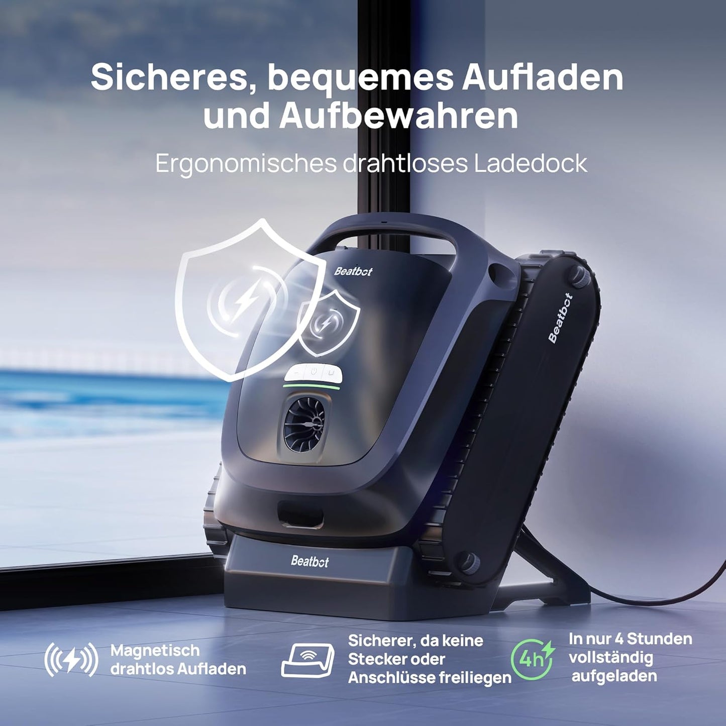 Beatbot AquaSense 2 Poolroboter, Akku Poolsauger mit Oberflächen-Parkfunktion, Poolreiniger Boden und Wand, Doppelte Reinigung der Wasserlinie, für Pools bis zu 300 m², Fenstergrau