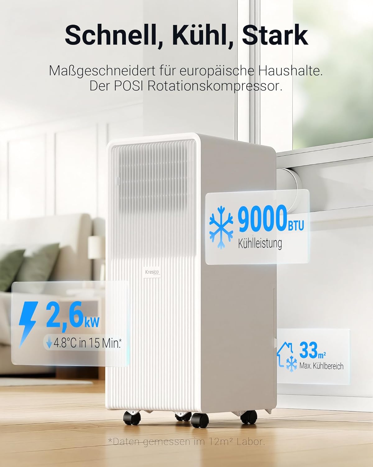 Mobile Klimaanlage 9000 BTU, Klimaanlage mobil mit Abluftschlauch, Mobiles Klimagerät mit Abluftschlauch für Räume bis zu 33m²/90m³, Klimagerät mit Timer, R290, weiß