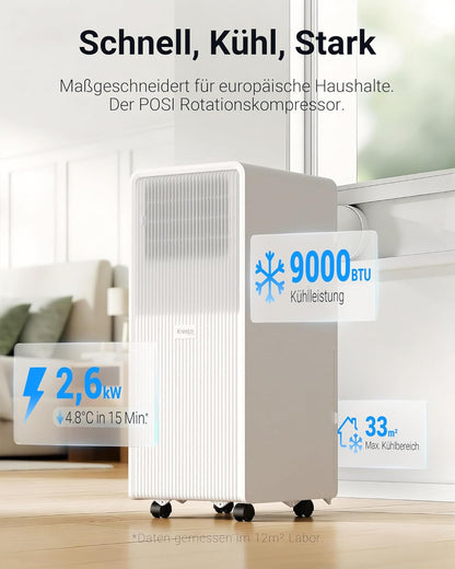 Mobile Klimaanlage 9000 BTU, Klimaanlage mobil mit Abluftschlauch, Mobiles Klimagerät mit Abluftschlauch für Räume bis zu 33m²/90m³, Klimagerät mit Timer, R290, weiß